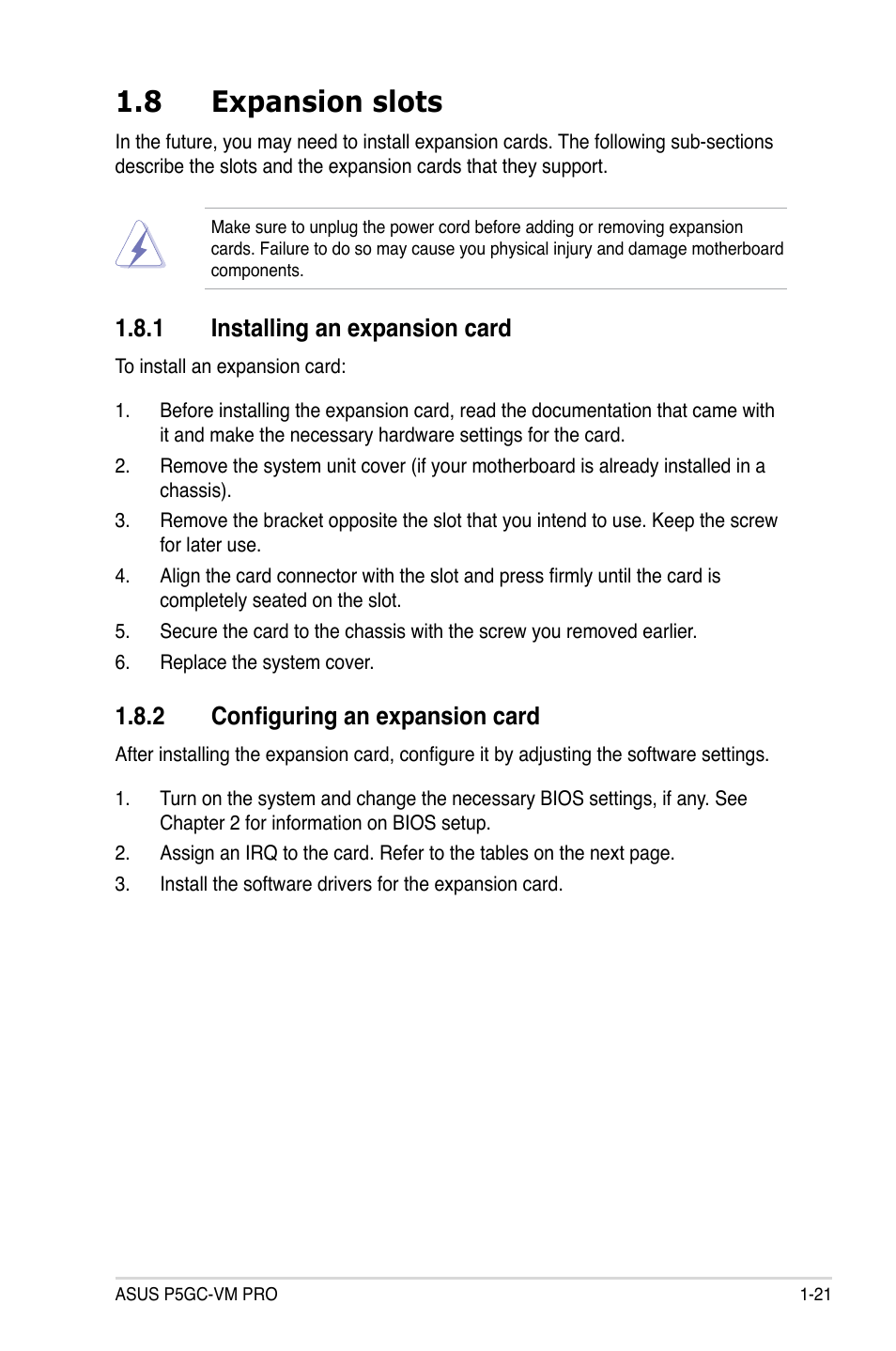 8 expansion slots, 1 installing an expansion card, 2 configuring an expansion card | Asus P5GC-VM Pro User Manual | Page 33 / 94