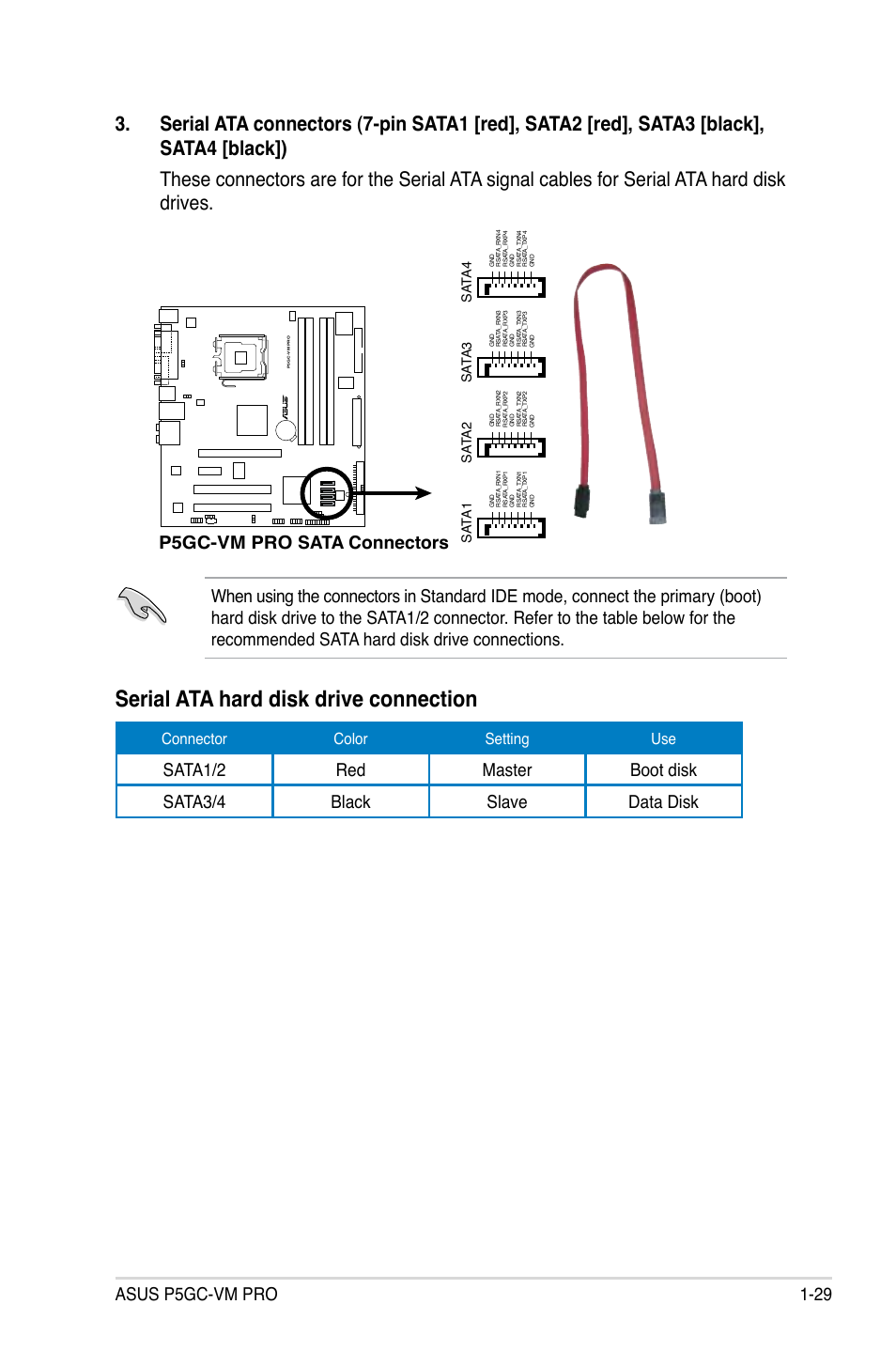 Serial ata hard disk drive connection, Asus p5gc-vm pro 1-29, P5gc-vm pro sata connectors | Connector color setting use, Sa ta 1, Sa ta 2, Sa ta 3, Sa ta 4 | Asus P5GC-VM Pro User Manual | Page 41 / 94