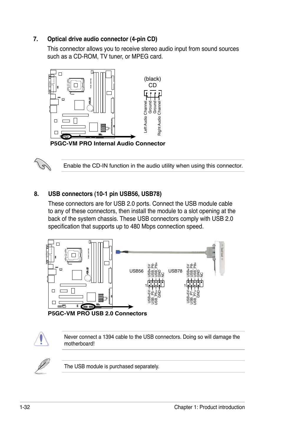 32 chapter 1: product introduction, Cd (black), P5gc-vm pro usb 2.0 connectors | Asus P5GC-VM Pro User Manual | Page 44 / 94