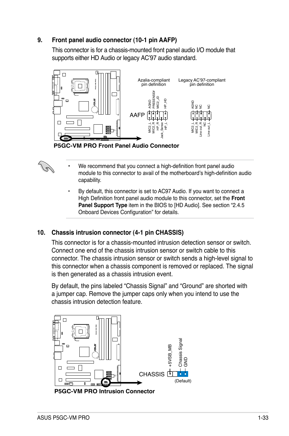 Asus p5gc-vm pro 1-33, Aafp, P5gc-vm pro intrusion connector | Chassis | Asus P5GC-VM Pro User Manual | Page 45 / 94