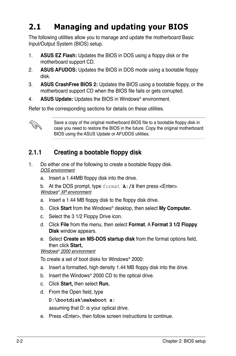 1 managing and updating your bios, 1 creating a bootable floppy disk | Asus P5GC-VM Pro User Manual | Page 48 / 94