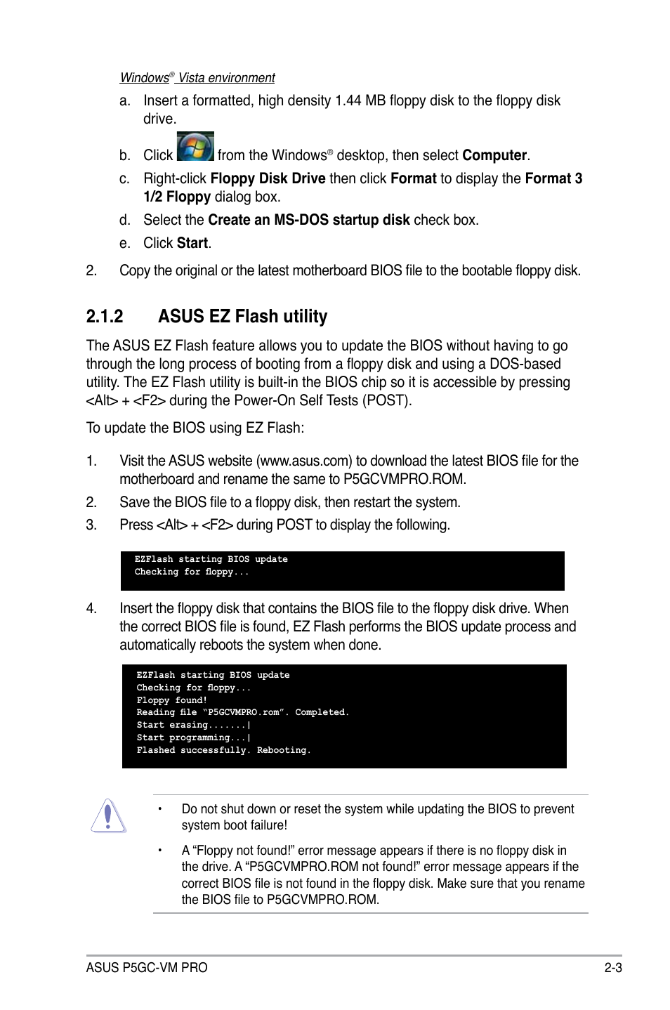 2 asus ez flash utility | Asus P5GC-VM Pro User Manual | Page 49 / 94