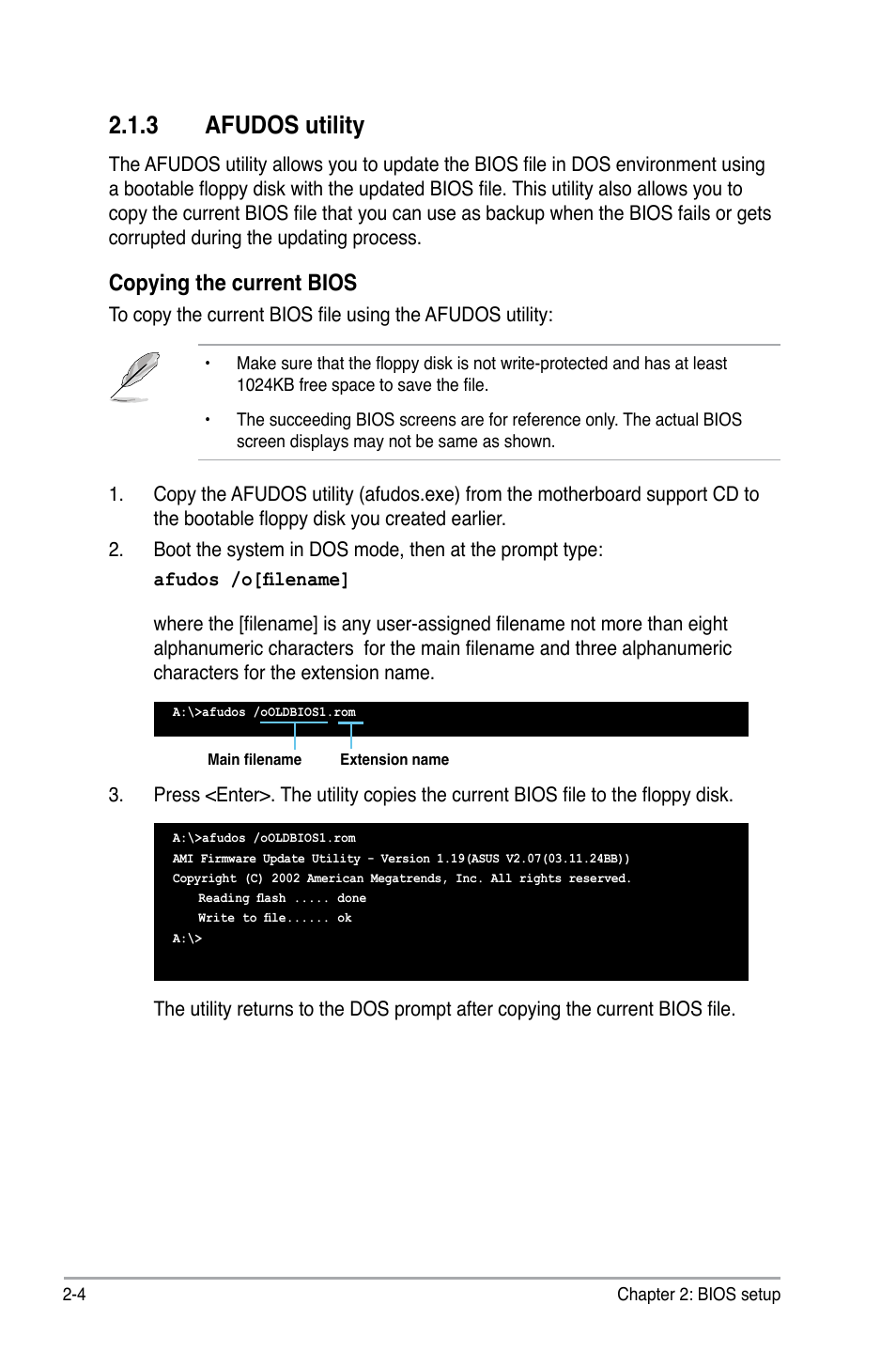 3 afudos utility, Copying the current bios | Asus P5GC-VM Pro User Manual | Page 50 / 94