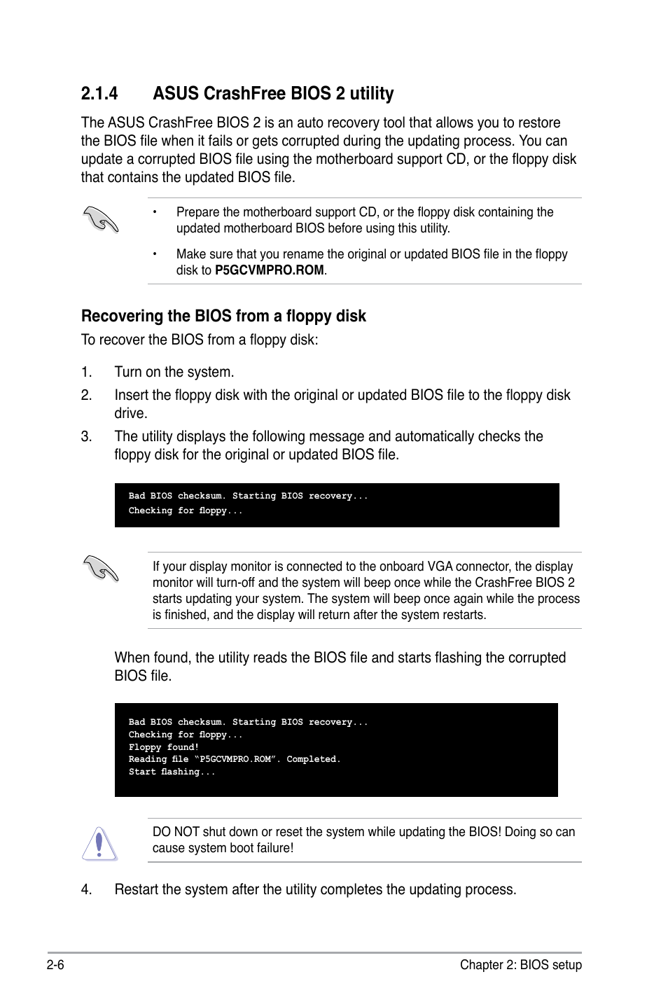 4 asus crashfree bios 2 utility, Recovering the bios from a floppy disk | Asus P5GC-VM Pro User Manual | Page 52 / 94