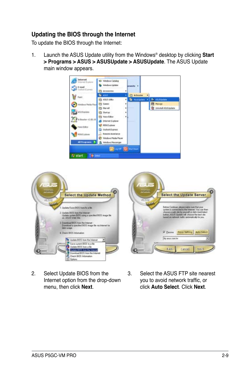 Updating the bios through the internet | Asus P5GC-VM Pro User Manual | Page 55 / 94