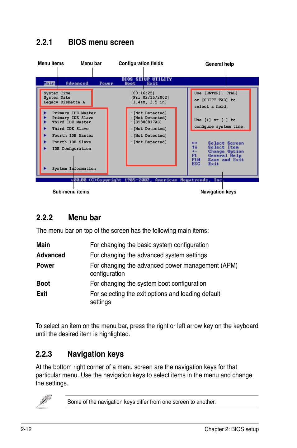 2 menu bar, 1 bios menu screen, 3 navigation keys | Asus P5GC-VM Pro User Manual | Page 58 / 94