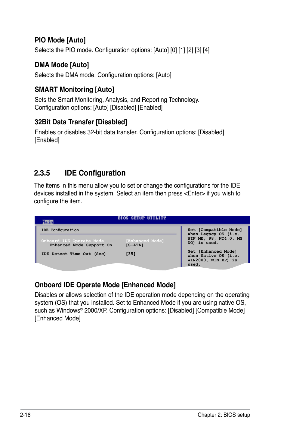 5 ide configuration, Pio mode [auto, Dma mode [auto | Smart monitoring [auto, 32bit data transfer [disabled, Onboard ide operate mode [enhanced mode | Asus P5GC-VM Pro User Manual | Page 62 / 94