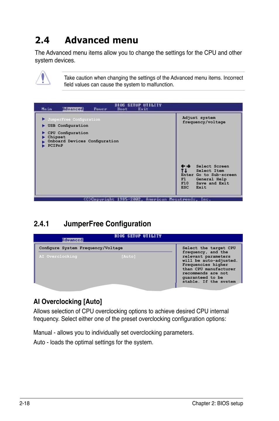 4 advanced menu, 1 jumperfree configuration, Ai overclocking [auto | Asus P5GC-VM Pro User Manual | Page 64 / 94