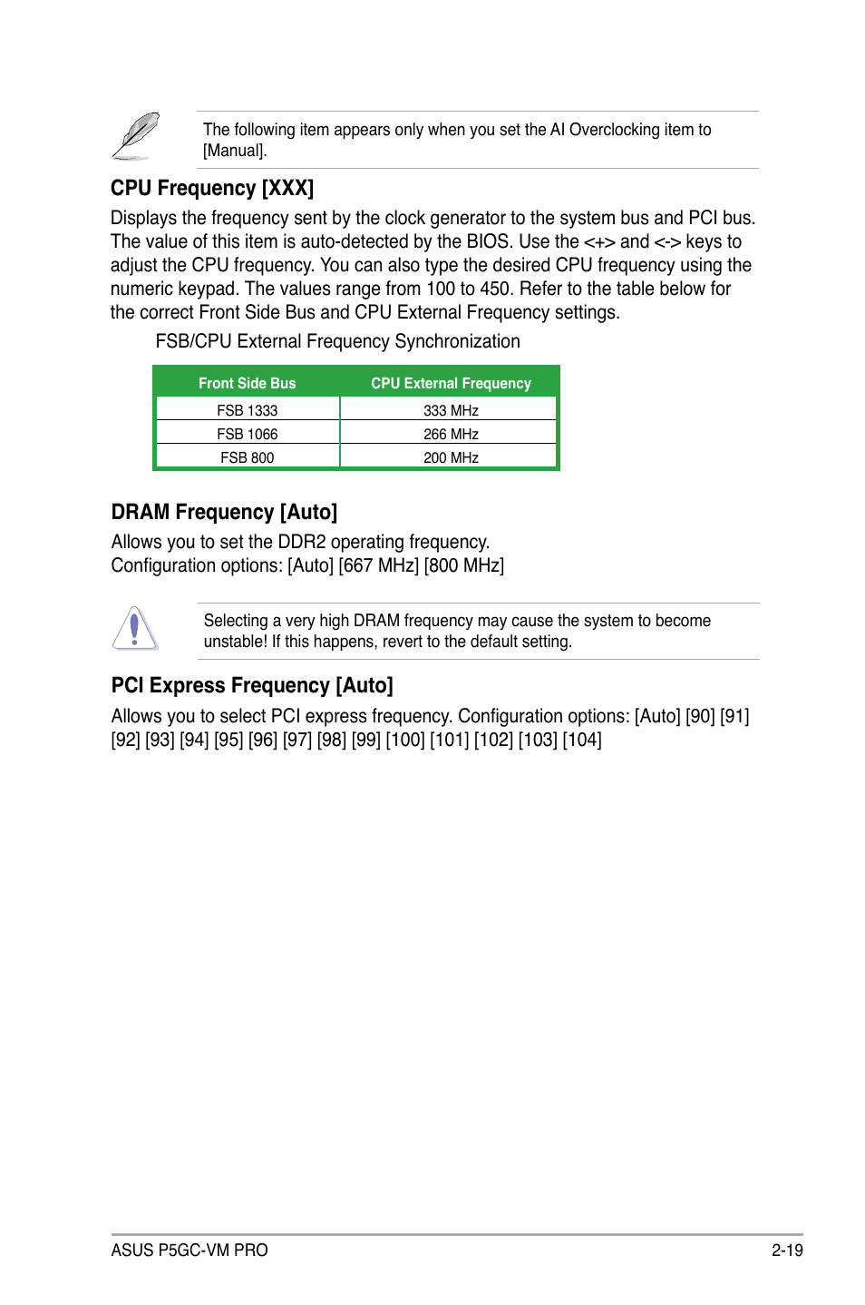 Dram frequency [auto, Cpu frequency [xxx, Pci express frequency [auto | Asus P5GC-VM Pro User Manual | Page 65 / 94