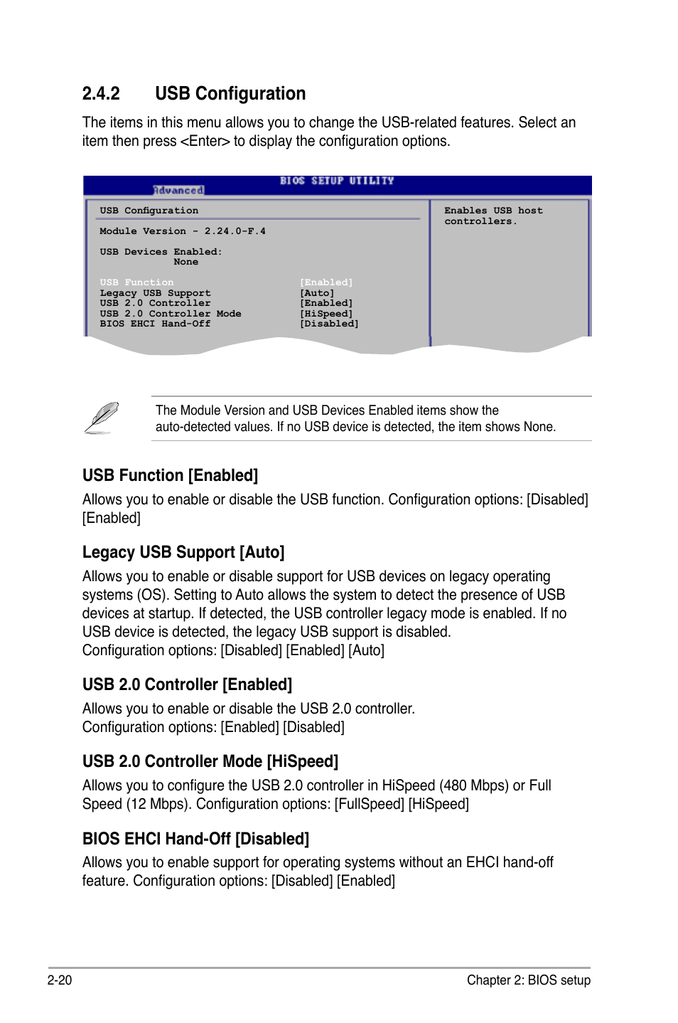 2 usb configuration, Usb function [enabled, Legacy usb support [auto | Usb 2.0 controller [enabled, Usb 2.0 controller mode [hispeed, Bios ehci hand-off [disabled | Asus P5GC-VM Pro User Manual | Page 66 / 94