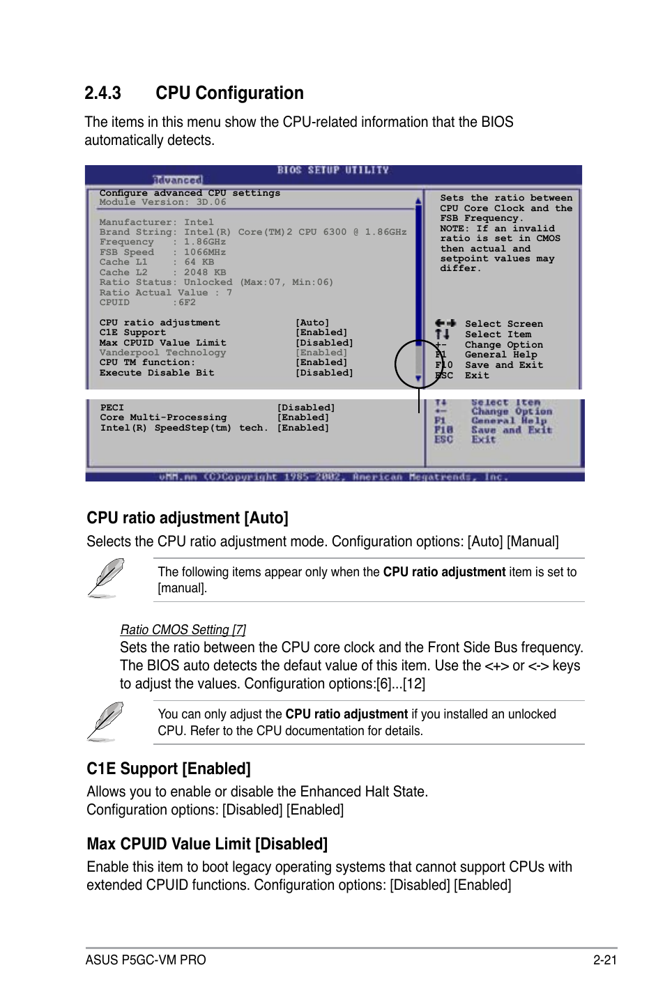 3 cpu configuration, Cpu ratio adjustment [auto, C1e support [enabled | Max cpuid value limit [disabled | Asus P5GC-VM Pro User Manual | Page 67 / 94