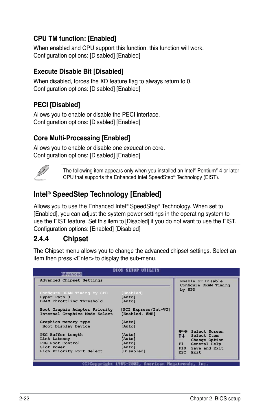 4 chipset, Intel, Speedstep technology [enabled | Cpu tm function: [enabled, Execute disable bit [disabled, Peci [disabled, Core multi-processing [enabled, Allows you to use the enhanced intel, Speedstep | Asus P5GC-VM Pro User Manual | Page 68 / 94