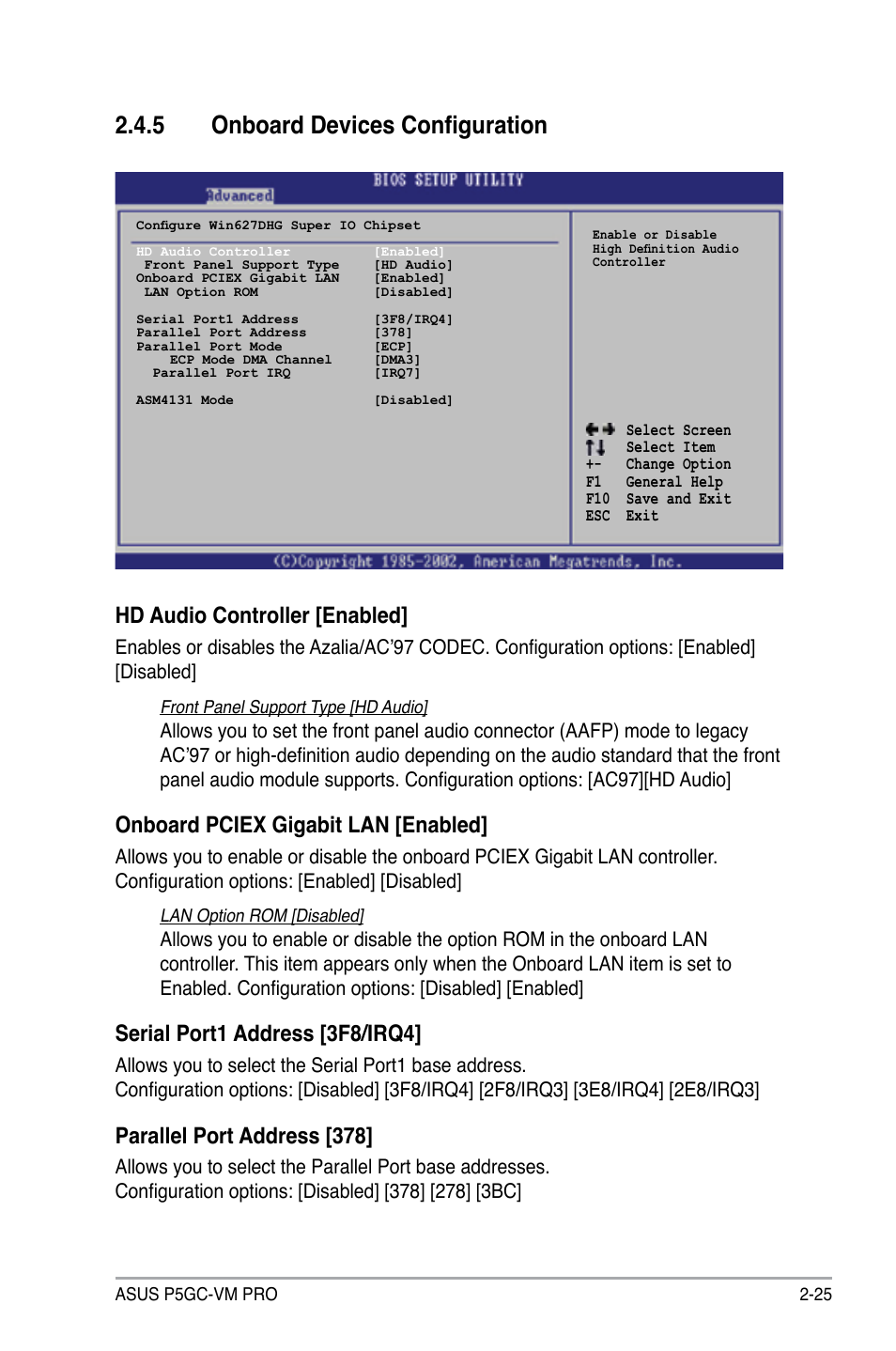 5 onboard devices configuration, Hd audio controller [enabled, Onboard pciex gigabit lan [enabled | Serial port1 address [3f8/irq4, Parallel port address [378 | Asus P5GC-VM Pro User Manual | Page 71 / 94