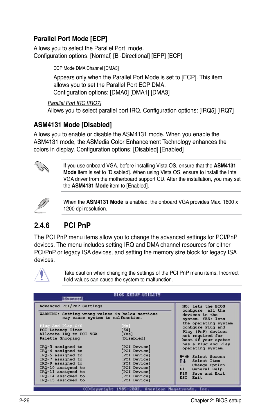 6 pci pnp, Parallel port mode [ecp, Asm4131 mode [disabled | Asus P5GC-VM Pro User Manual | Page 72 / 94
