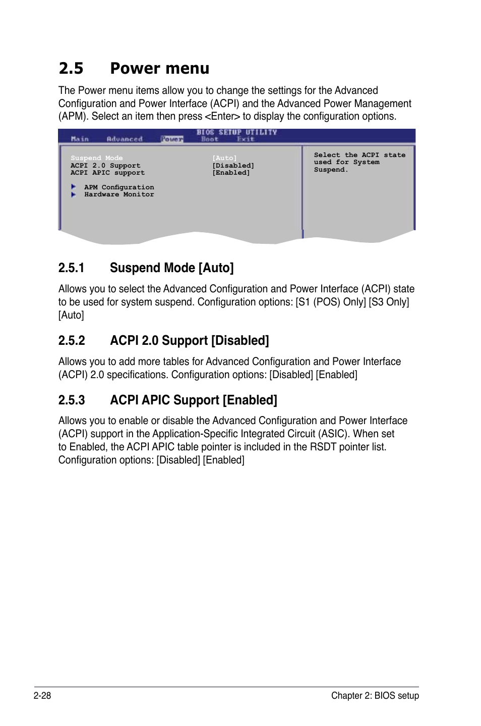 5 power menu, 1 suspend mode [auto, 2 acpi 2.0 support [disabled | 3 acpi apic support [enabled | Asus P5GC-VM Pro User Manual | Page 74 / 94