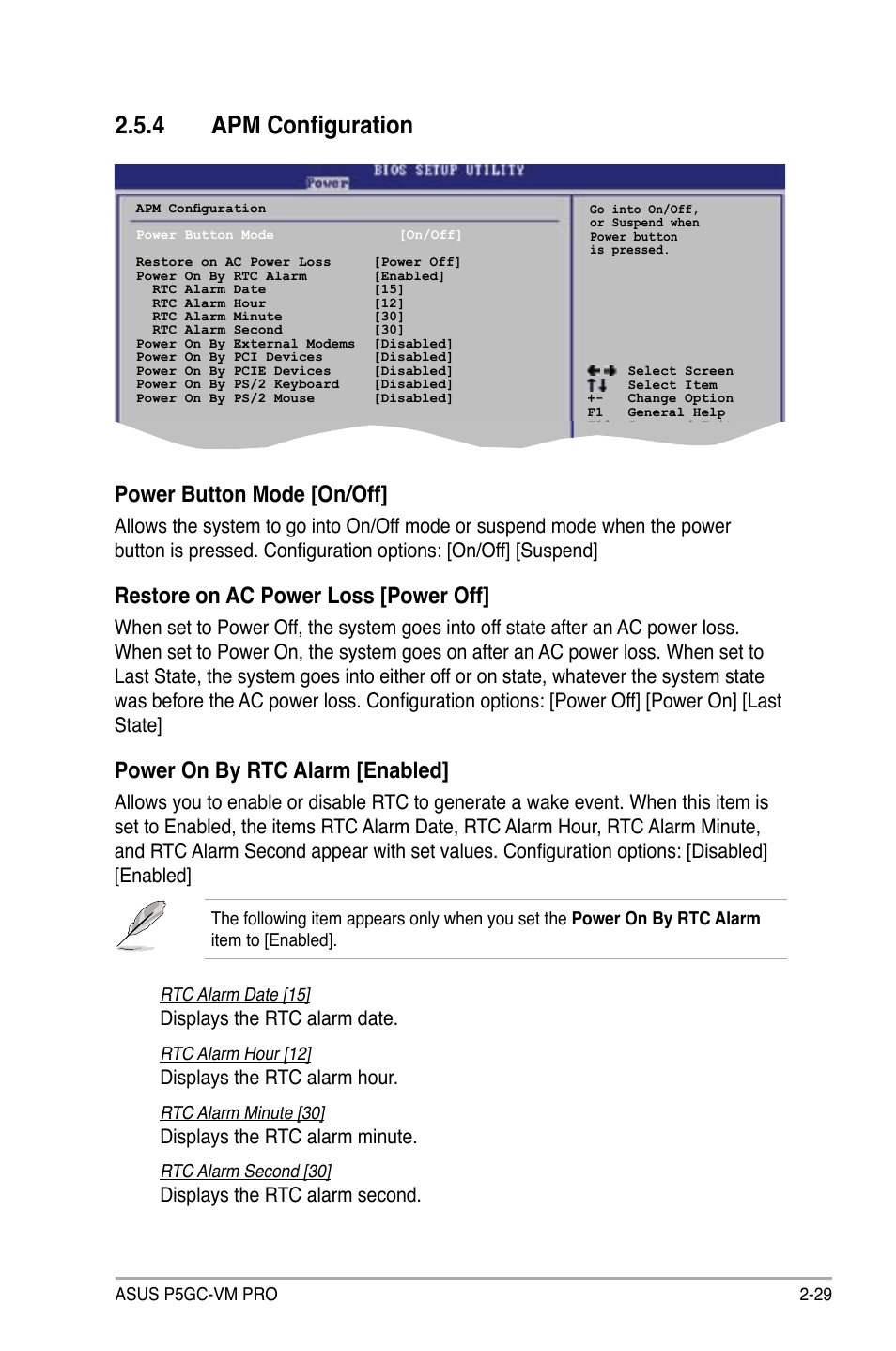 4 apm configuration, Power button mode [on/off, Restore on ac power loss [power off | Power on by rtc alarm [enabled, Displays the rtc alarm date, Displays the rtc alarm hour, Displays the rtc alarm minute, Displays the rtc alarm second | Asus P5GC-VM Pro User Manual | Page 75 / 94