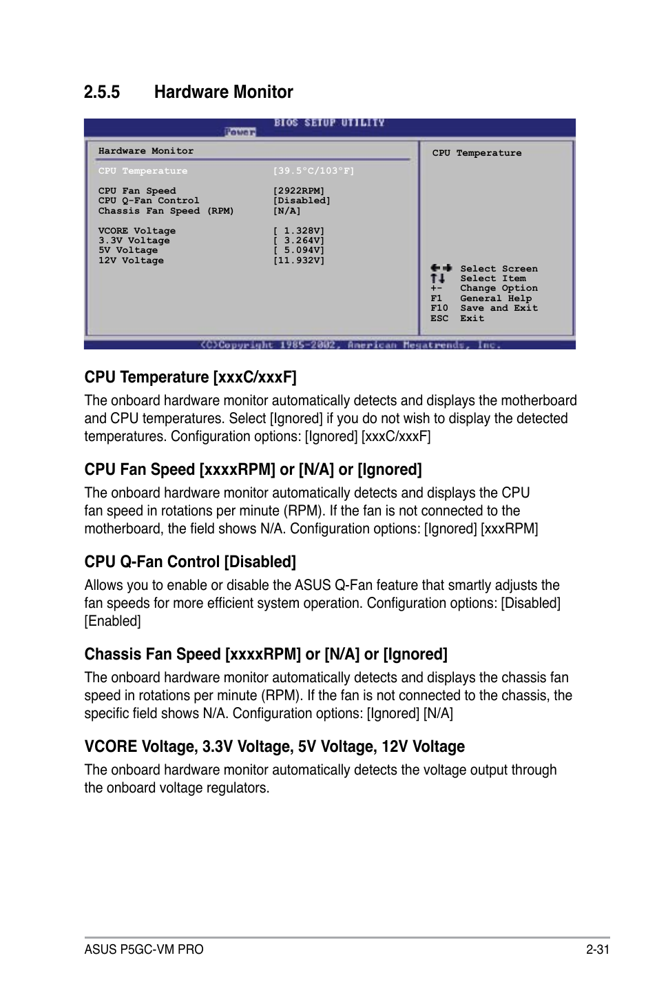 5 hardware monitor, Cpu temperature [xxxc/xxxf, Cpu q-fan control [disabled | Asus P5GC-VM Pro User Manual | Page 77 / 94