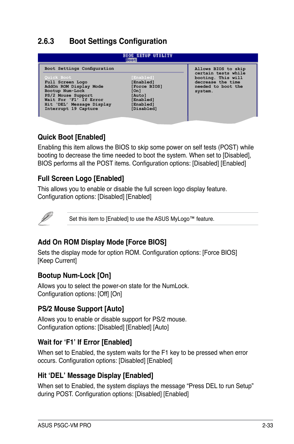 3 boot settings configuration, Quick boot [enabled, Full screen logo [enabled | Add on rom display mode [force bios, Bootup num-lock [on, Ps/2 mouse support [auto, Wait for ‘f1’ if error [enabled, Hit ‘del’ message display [enabled | Asus P5GC-VM Pro User Manual | Page 79 / 94