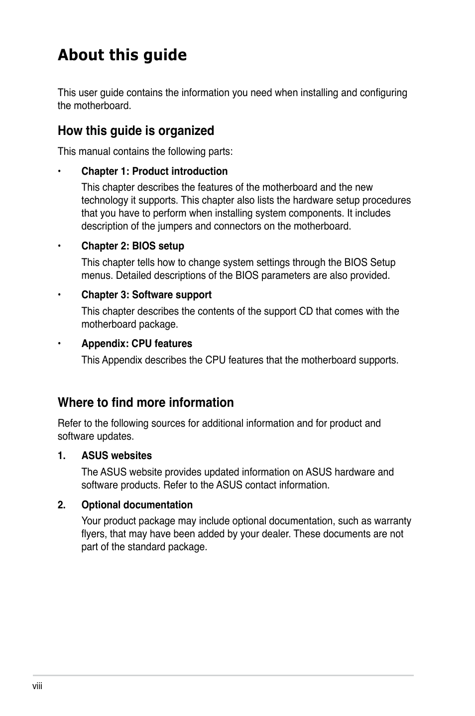 About this guide, How this guide is organized, Where to find more information | Asus P5GC-VM Pro User Manual | Page 8 / 94