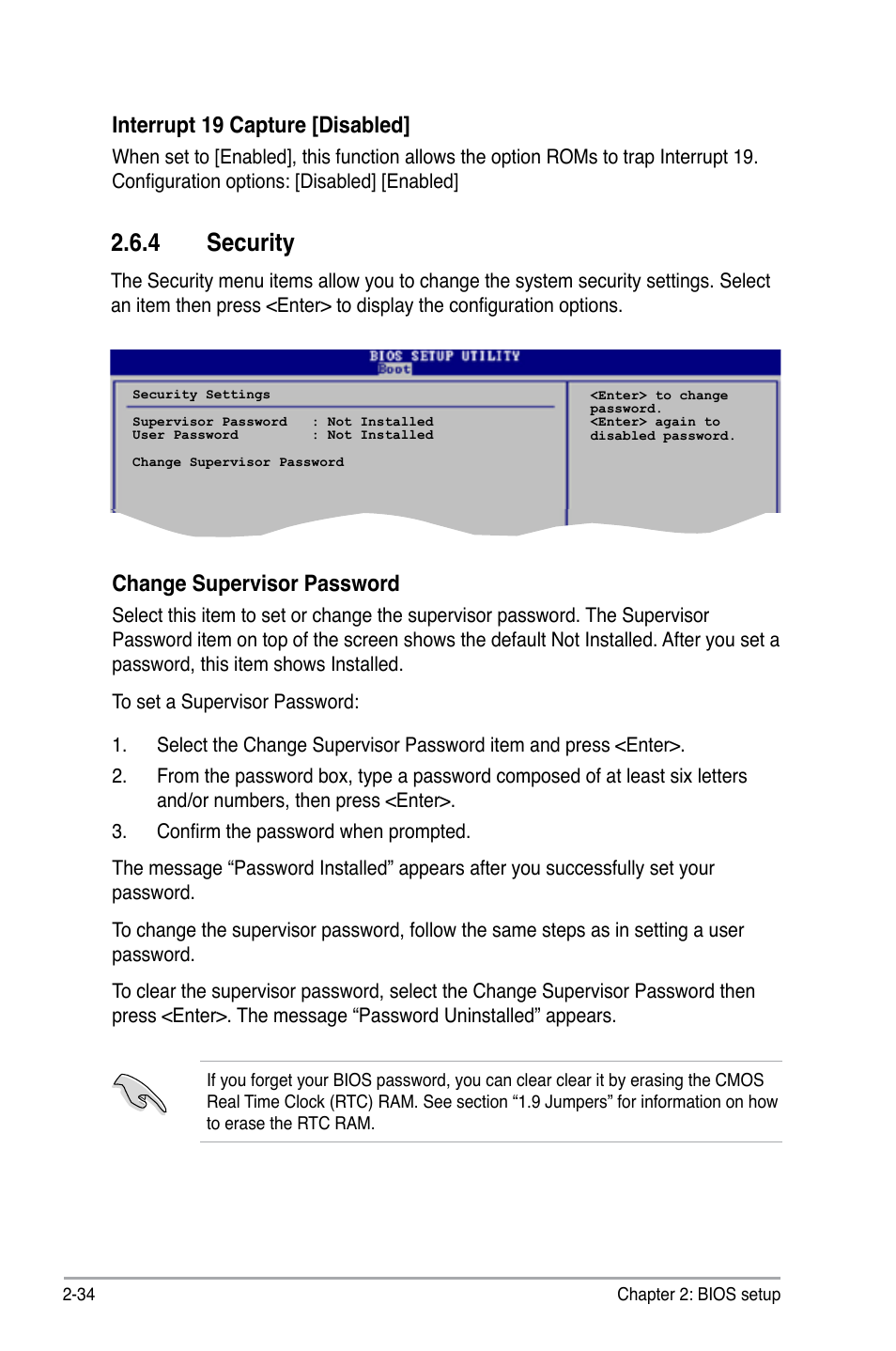 4 security, Interrupt 19 capture [disabled, Change supervisor password | Asus P5GC-VM Pro User Manual | Page 80 / 94