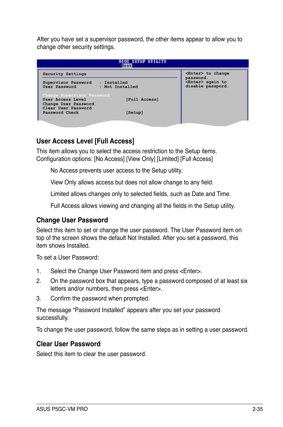User access level [full access, Change user password, Clear user password | Select this item to clear the user password | Asus P5GC-VM Pro User Manual | Page 81 / 94