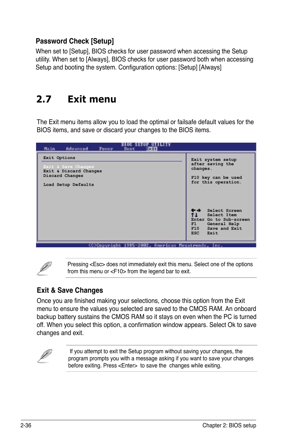 7 exit menu, Exit & save changes, Password check [setup | Asus P5GC-VM Pro User Manual | Page 82 / 94