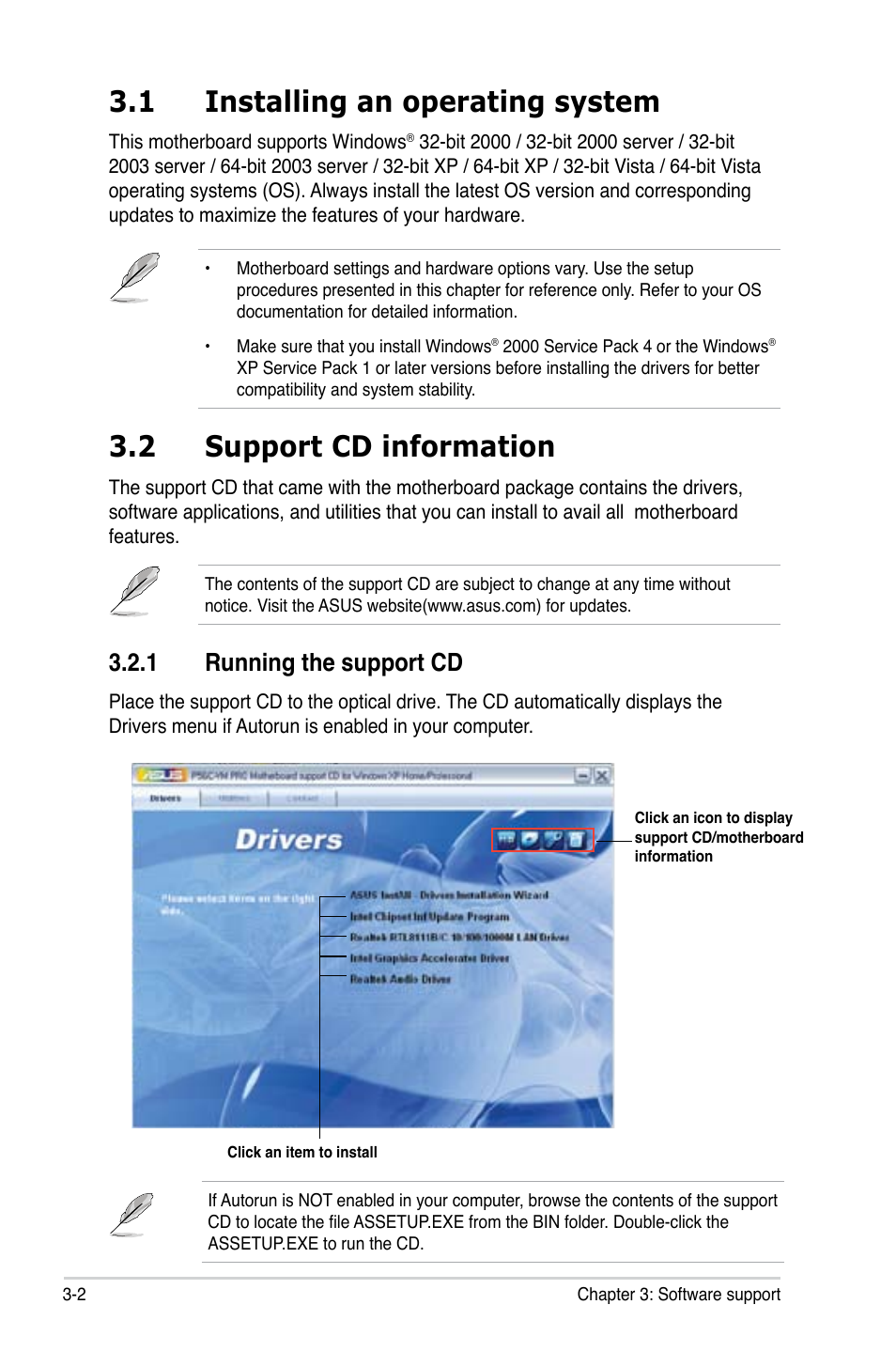 1 installing an operating system, 2 support cd information, 1 running the support cd | Asus P5GC-VM Pro User Manual | Page 86 / 94