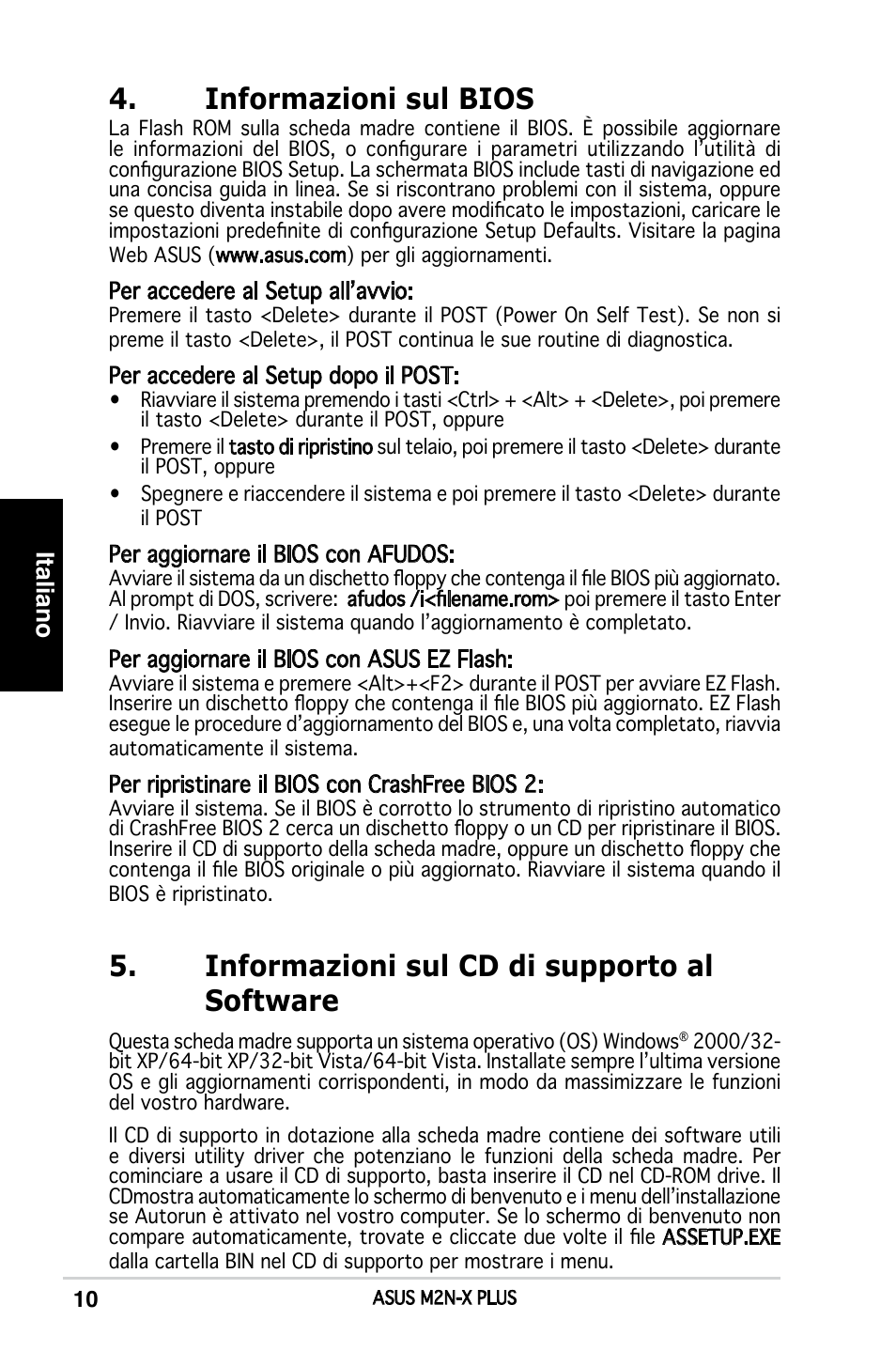 Informazioni sul bios, Informazioni sul cd di supporto al software, Italiano | Asus M2N-X PLUS User Manual | Page 10 / 38