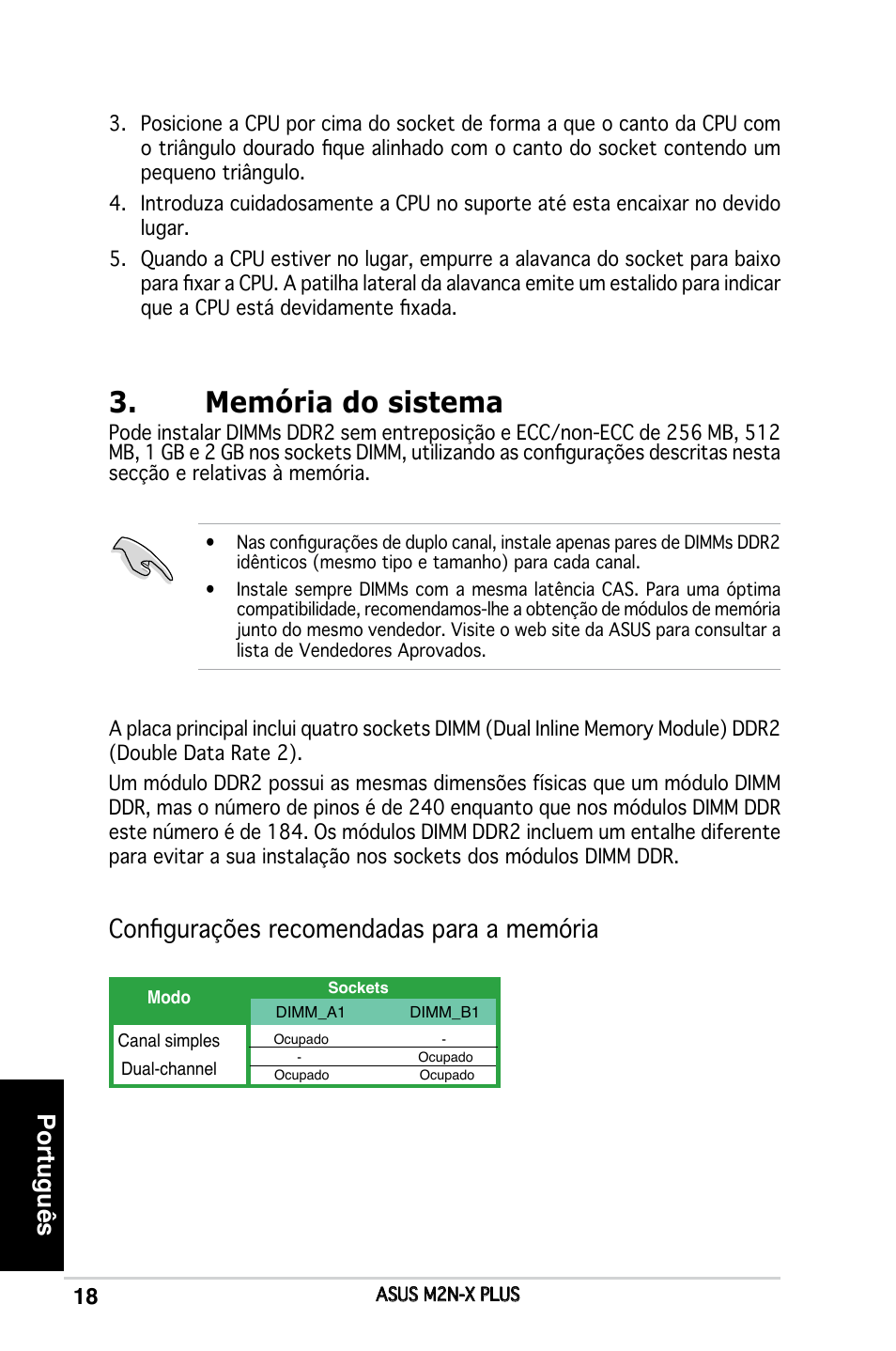 Memória do sistema, Português, Configurações recomendadas para a memória | Asus M2N-X PLUS User Manual | Page 18 / 38