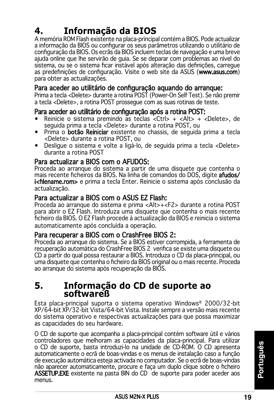 Informação da bios, Informação do cd de suporte ao softwareß, Português | Asus M2N-X PLUS User Manual | Page 19 / 38