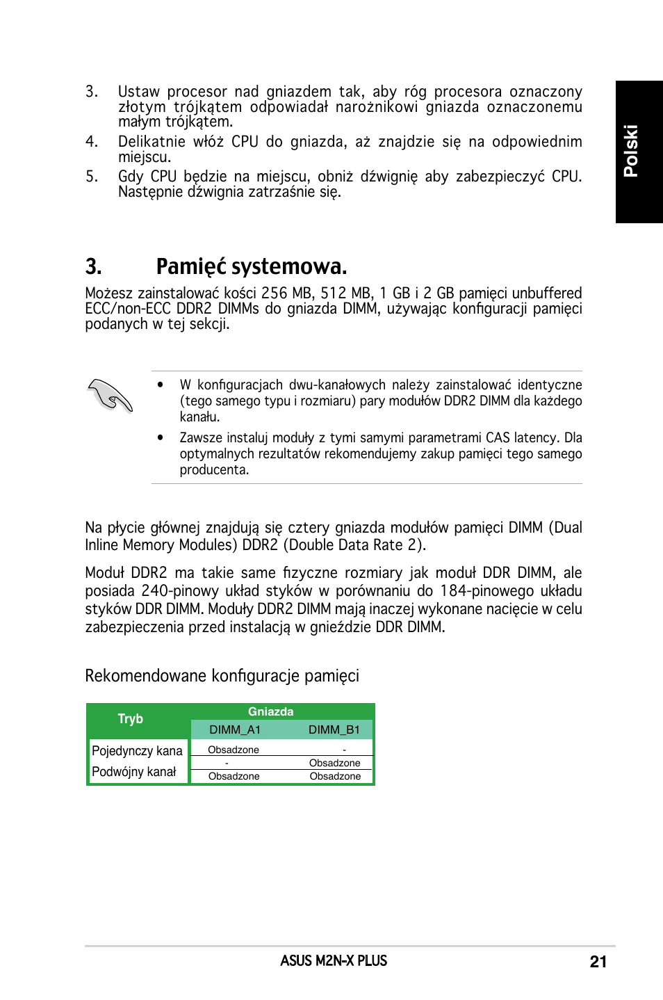 Pamięć systemowa, Polski, Rekomendowane konfiguracje pamięci | Asus M2N-X PLUS User Manual | Page 21 / 38