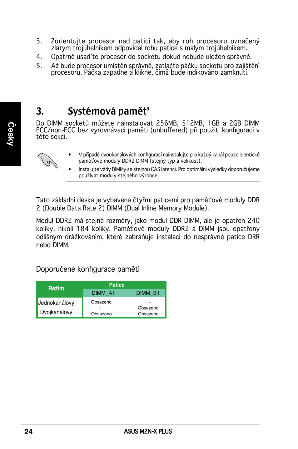 Systémová pamět, Česky, Doporučené konfigurace pamětí | Asus M2N-X PLUS User Manual | Page 24 / 38