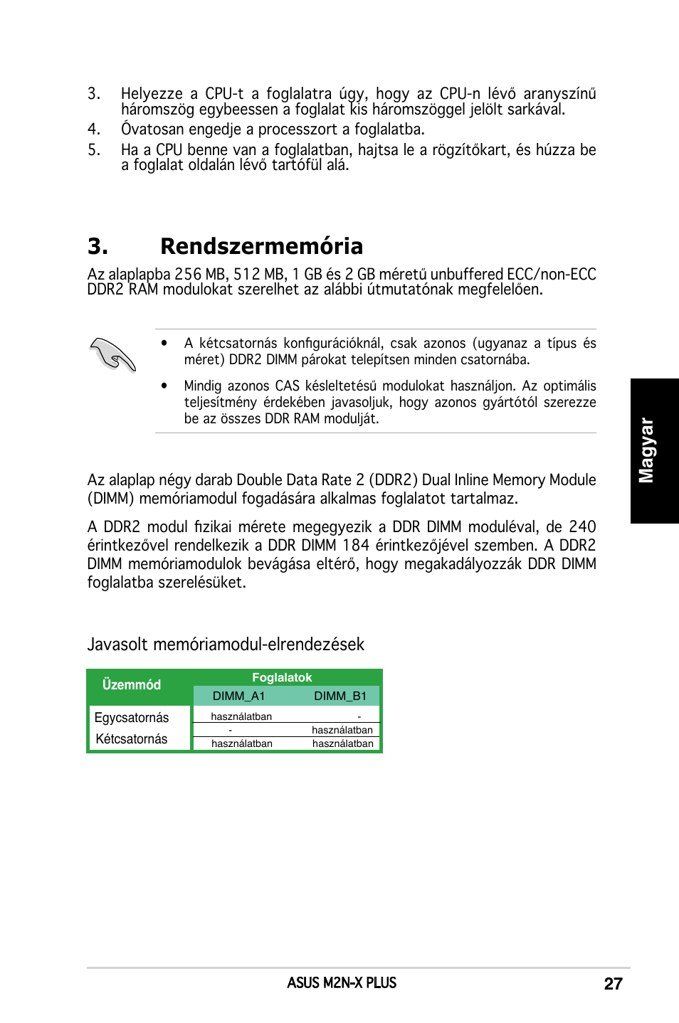 Rendszermemória, Magyar, Javasolt memóriamodul-elrendezések | Asus M2N-X PLUS User Manual | Page 27 / 38