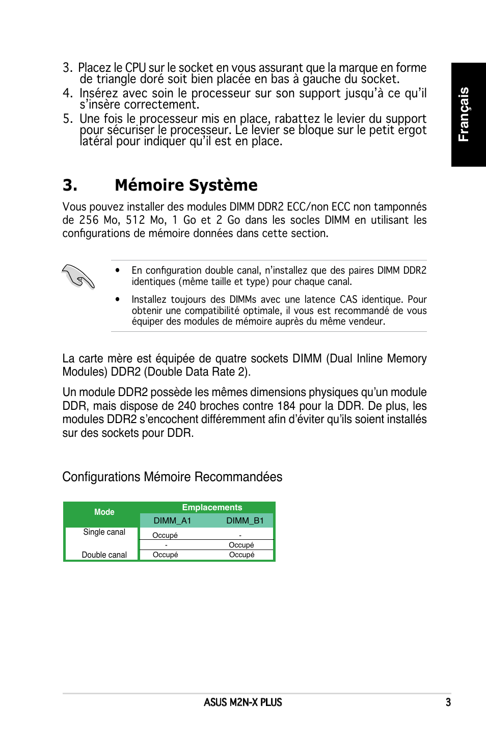 Mémoire système, Français, Configurations mémoire recommandées | Asus M2N-X PLUS User Manual | Page 3 / 38