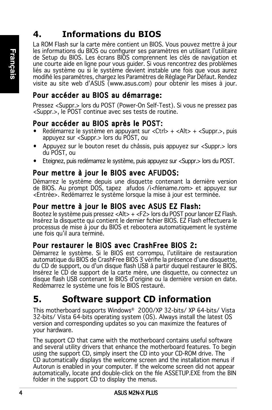 Software support cd information, Informations du bios, Français | Asus M2N-X PLUS User Manual | Page 4 / 38