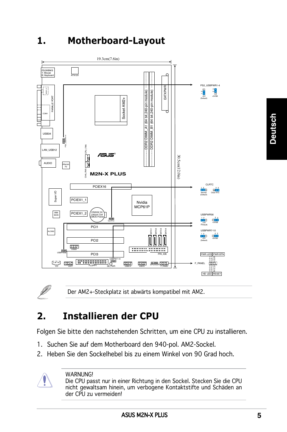 Motherboard-layout 2. installieren der cpu, Deutsch, Asus m2n-x plus | Der am2+-steckplatz ist abwärts kompatibel mit am2, M2n-x plus, Socket am2, Nvidia mcp61p | Asus M2N-X PLUS User Manual | Page 5 / 38