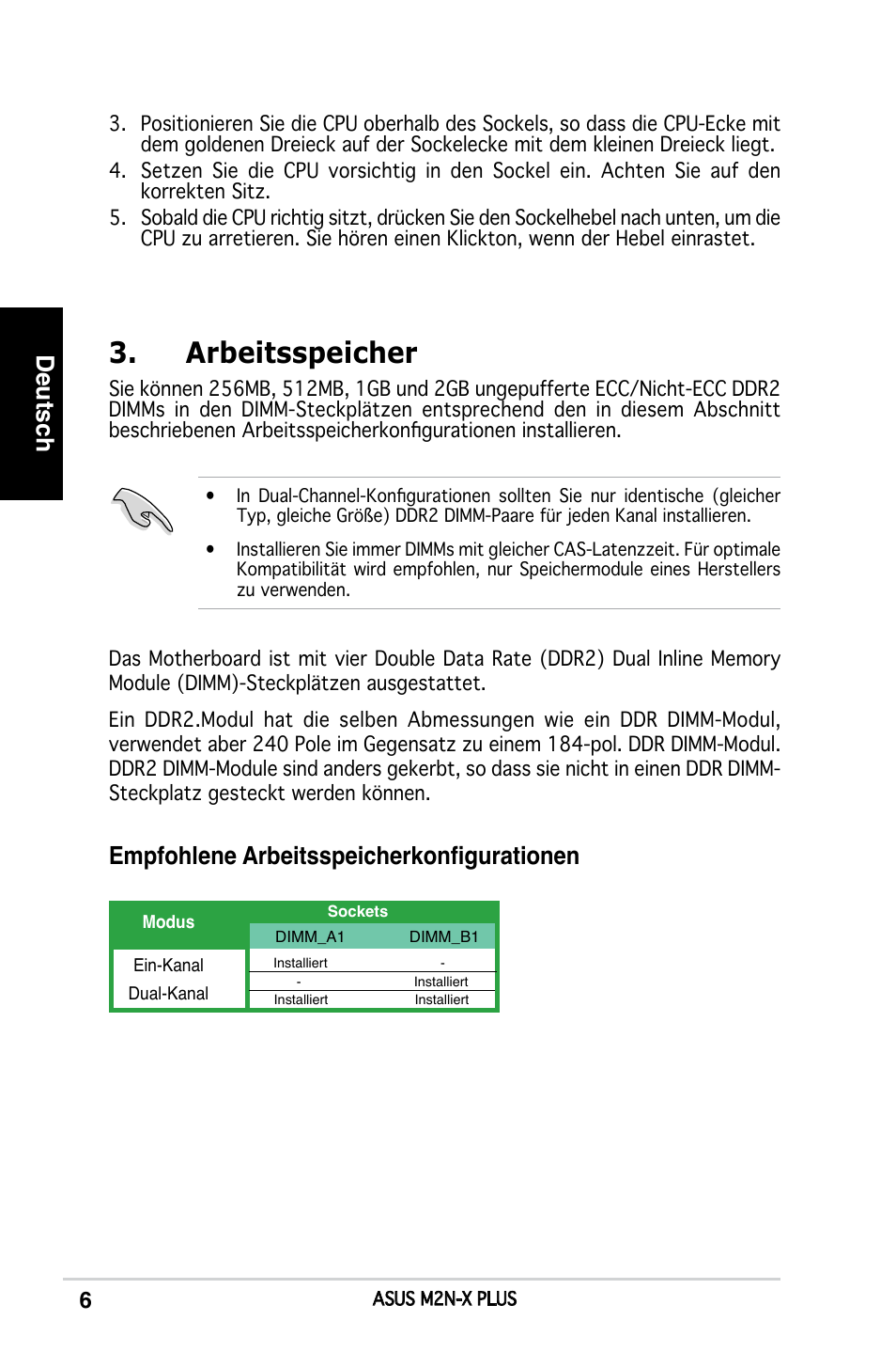 Arbeitsspeicher, Deutsch, Empfohlene arbeitsspeicherkonfigurationen | Asus M2N-X PLUS User Manual | Page 6 / 38