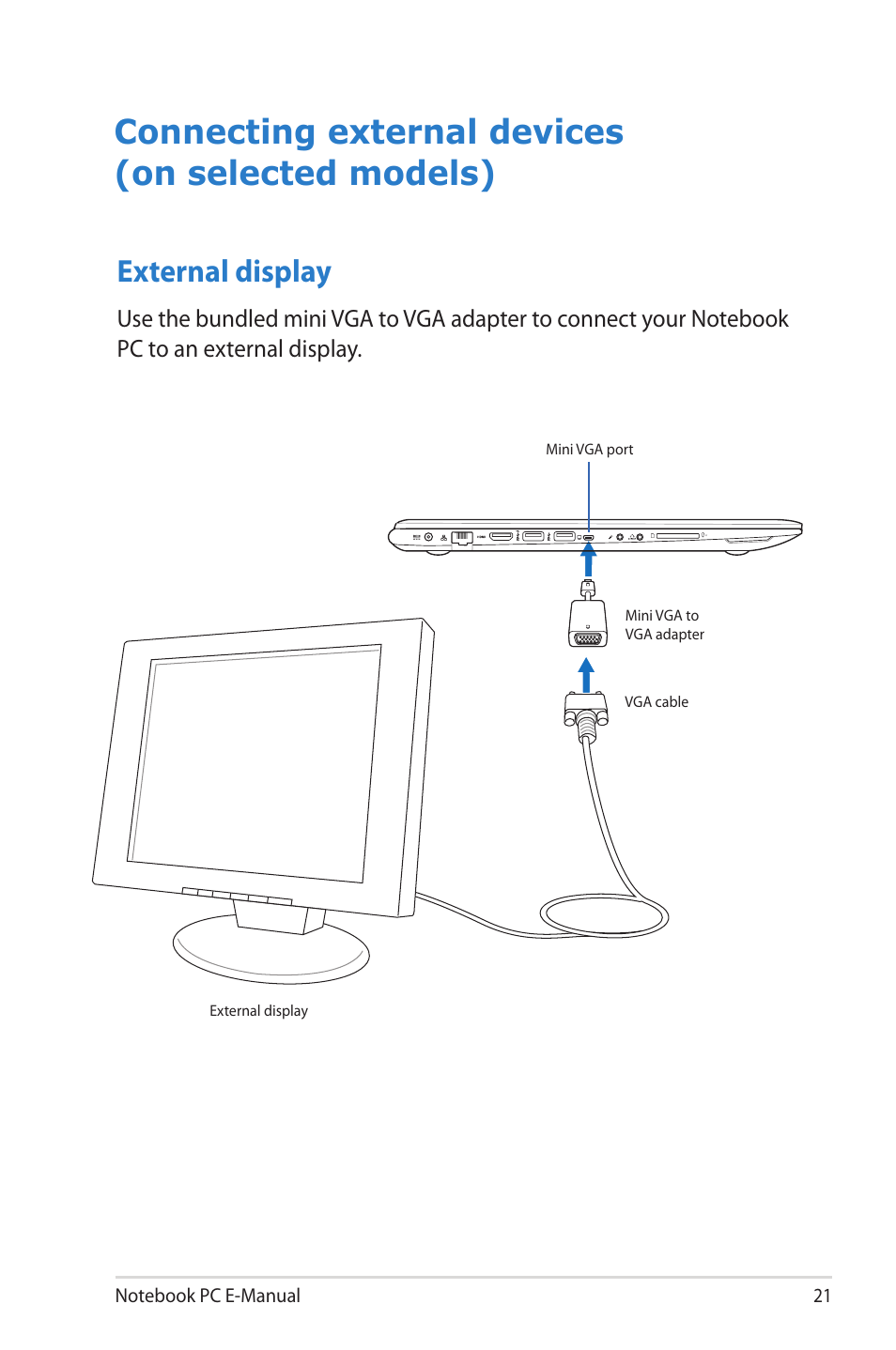 Connecting external devices (on selected models), External display | Asus UX52VS User Manual | Page 21 / 104