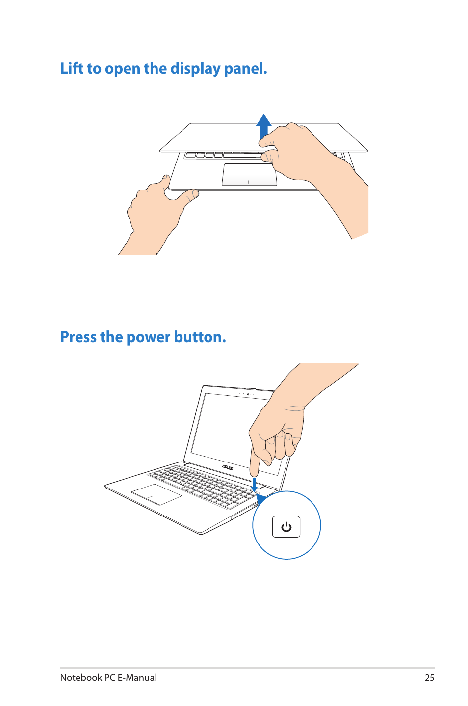 Lift to open the display panel, Press the power button | Asus UX52VS User Manual | Page 25 / 104