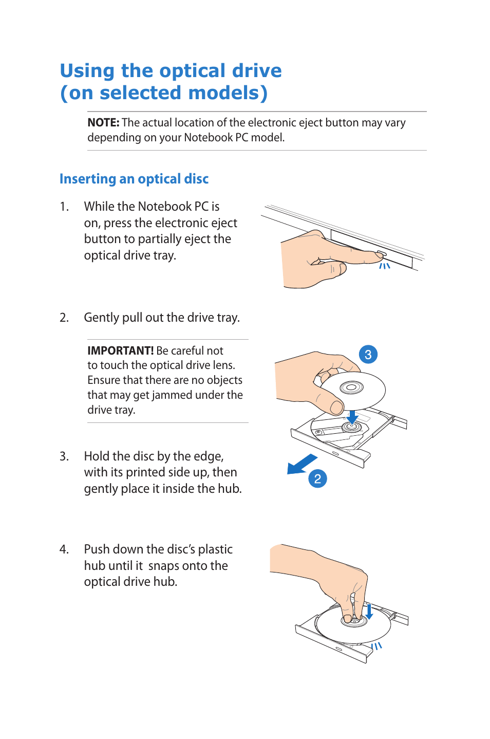 Using the optical drive (on selected models) | Asus UX52VS User Manual | Page 33 / 104