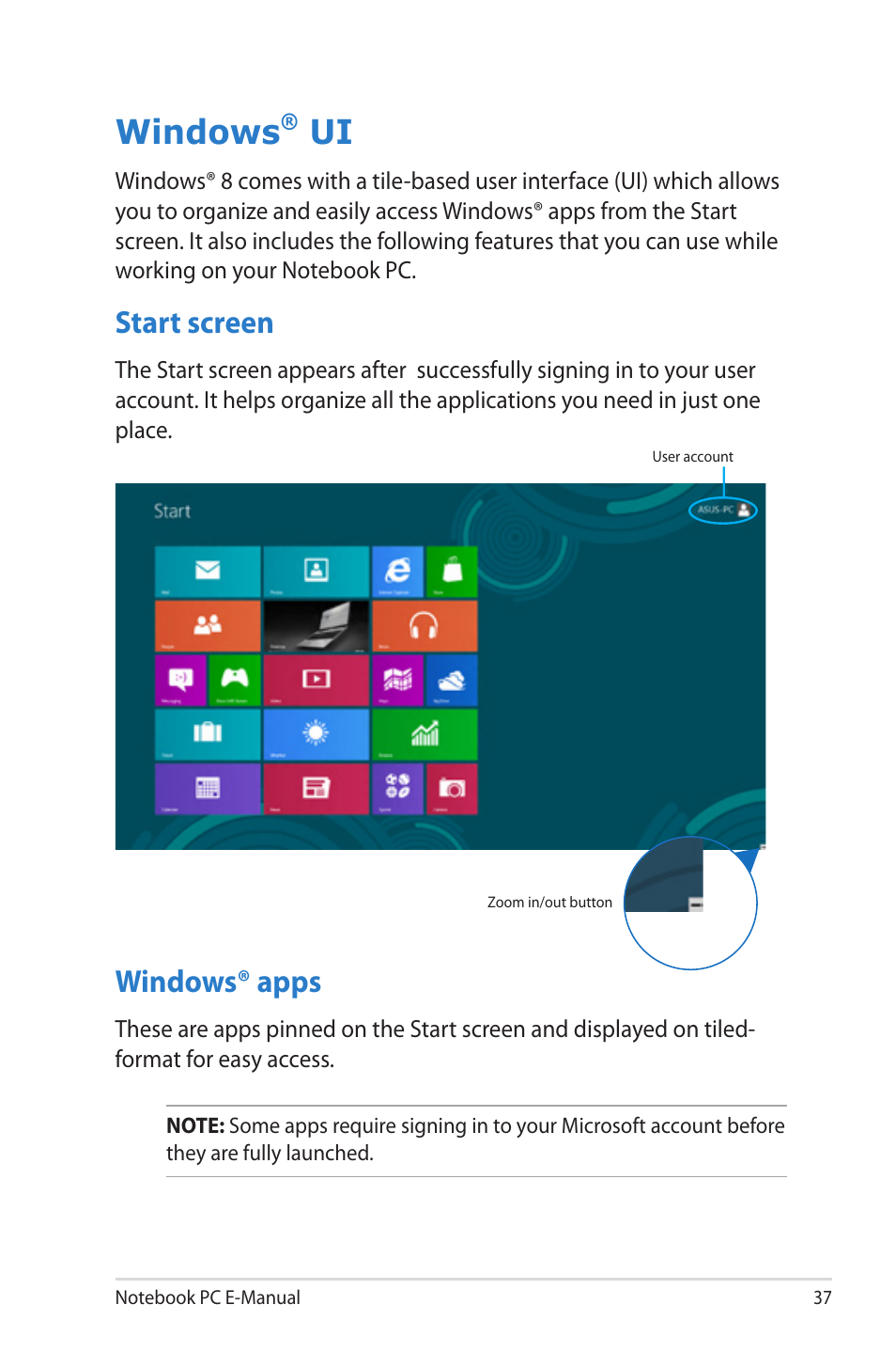 Windows® ui, Start screen, Windows® apps | Windows, Start screen windows® apps | Asus UX52VS User Manual | Page 37 / 104