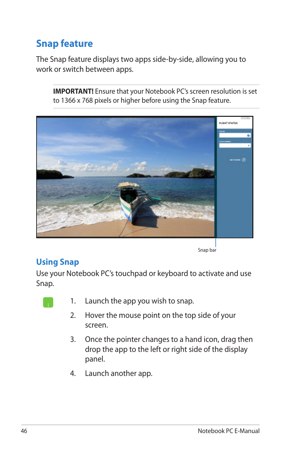 Snap feature | Asus UX52VS User Manual | Page 46 / 104