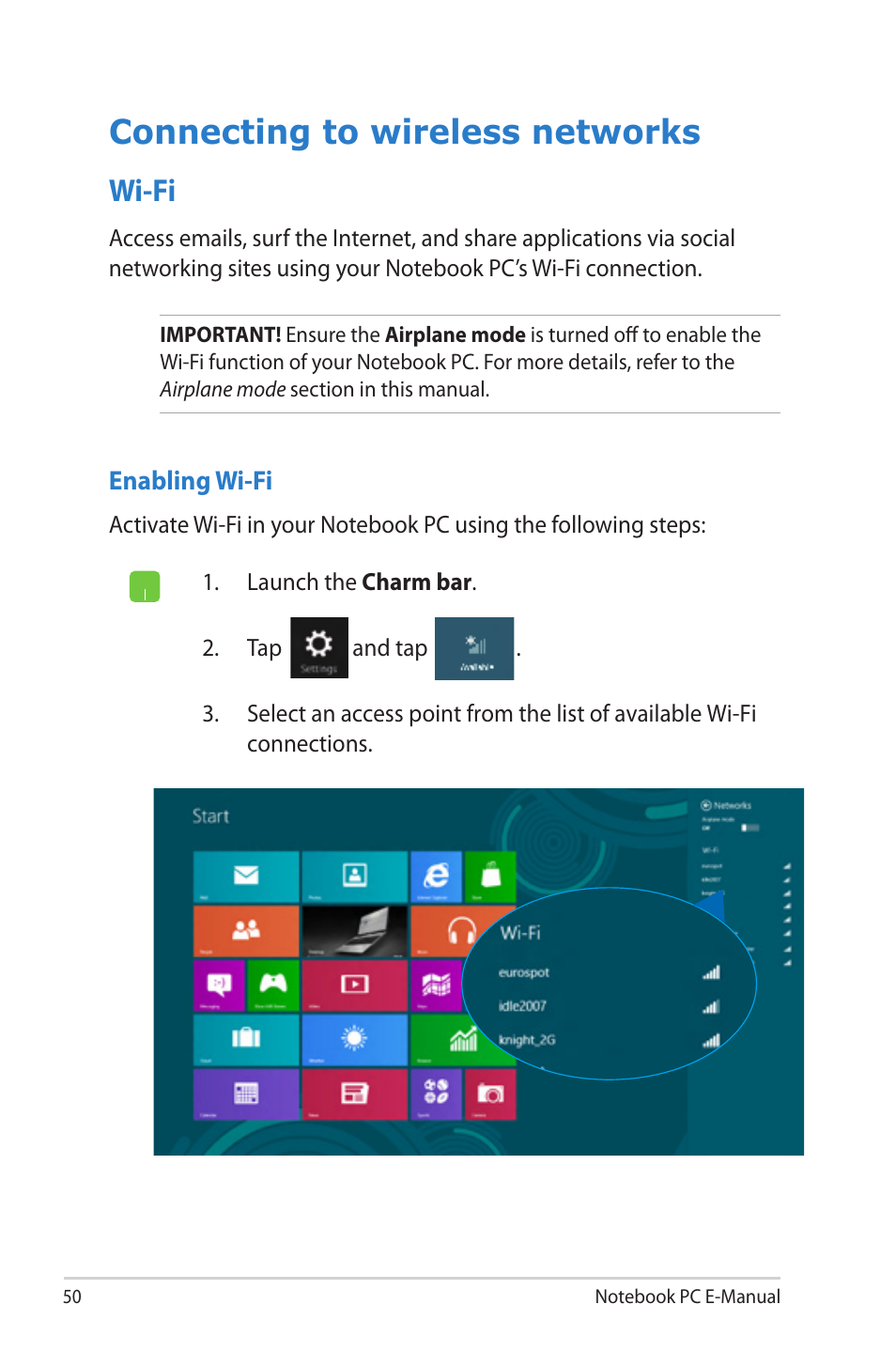 Connecting to wireless networks, Wi-fi | Asus UX52VS User Manual | Page 50 / 104