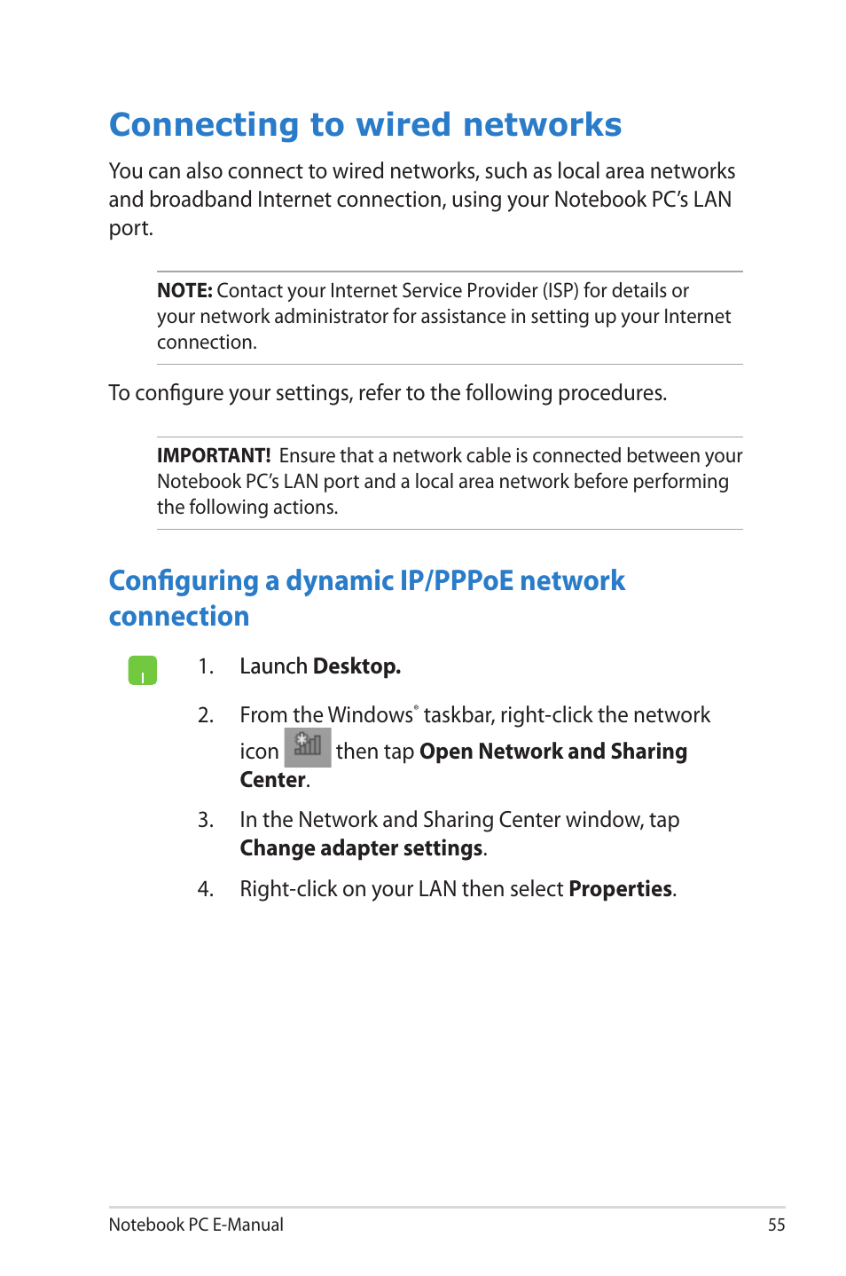 Connecting to wired networks, Configuring a dynamic ip/pppoe network connection | Asus UX52VS User Manual | Page 55 / 104