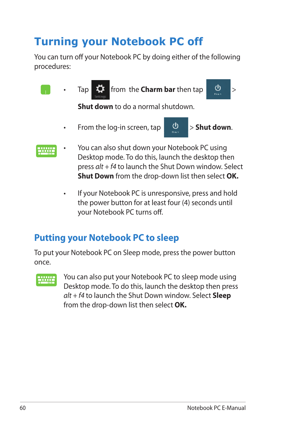 Turning your notebook pc off, Putting your notebook pc to sleep | Asus UX52VS User Manual | Page 60 / 104