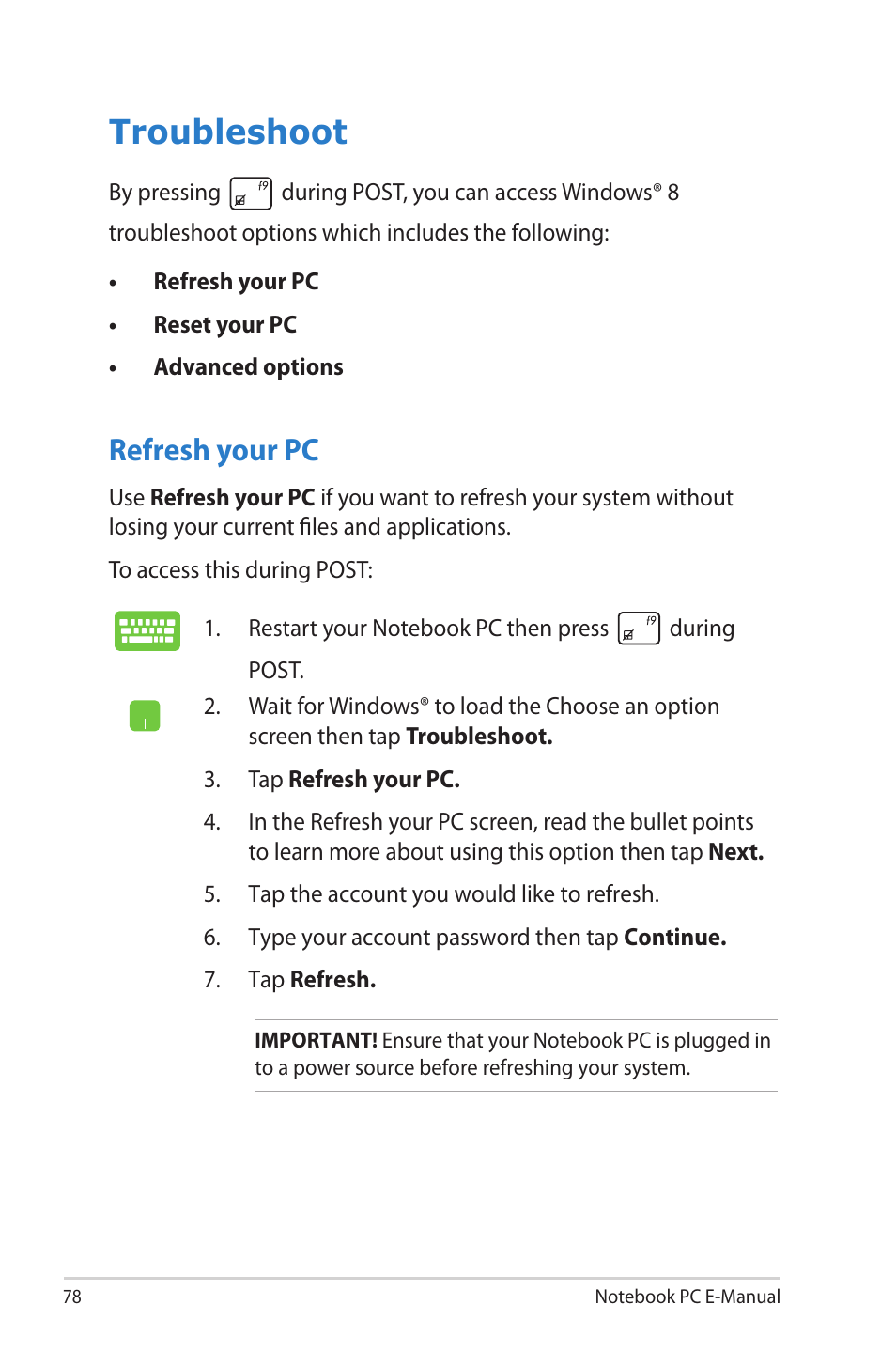 Troubleshoot, Refresh your pc | Asus UX52VS User Manual | Page 78 / 104