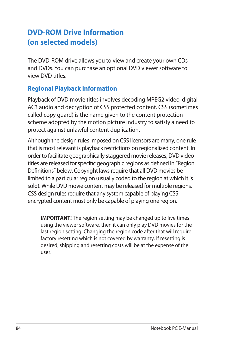 Dvd-rom drive information (on selected models) | Asus UX52VS User Manual | Page 84 / 104