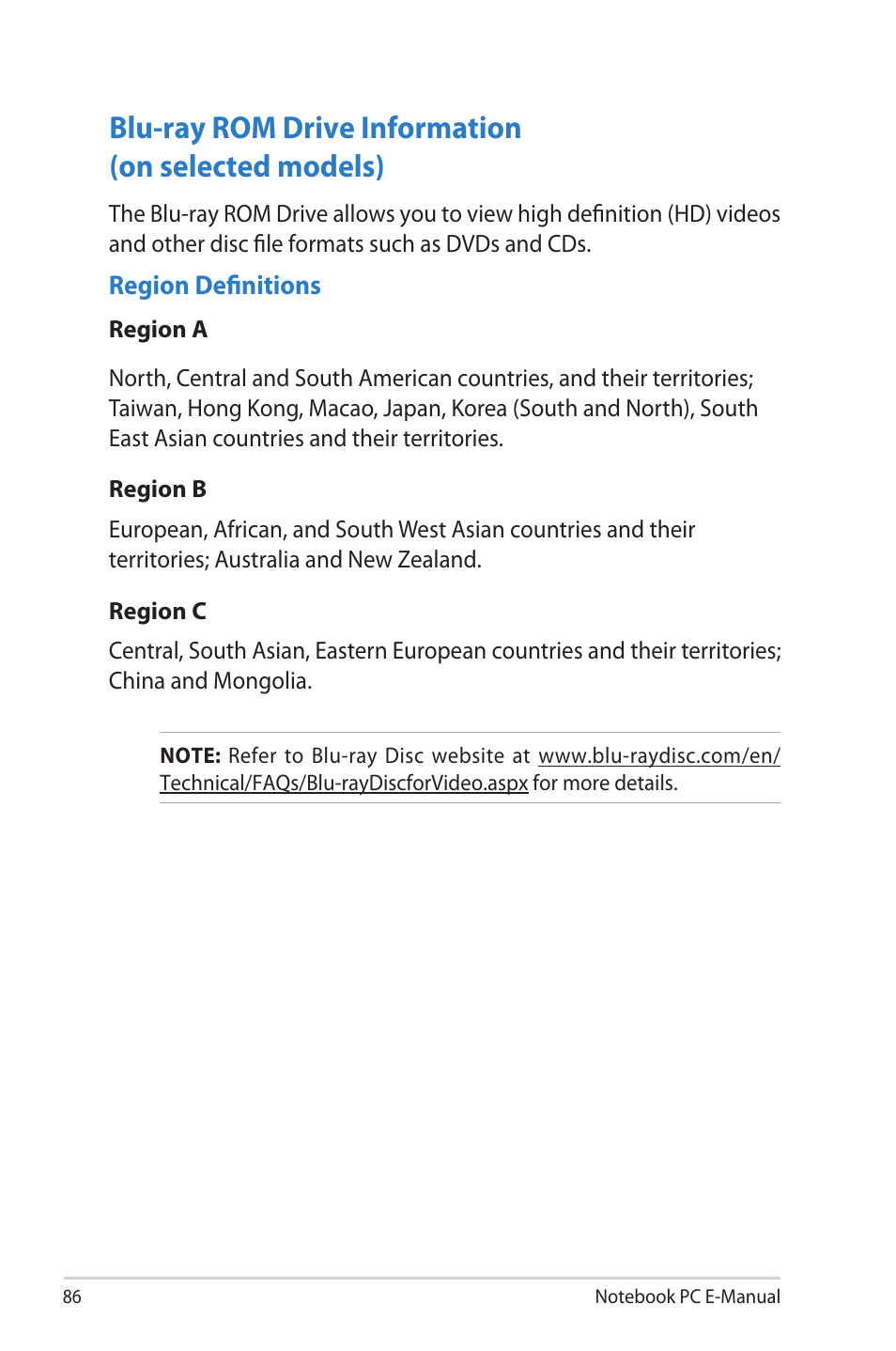 Blu-ray rom drive information (on selected models) | Asus UX52VS User Manual | Page 86 / 104