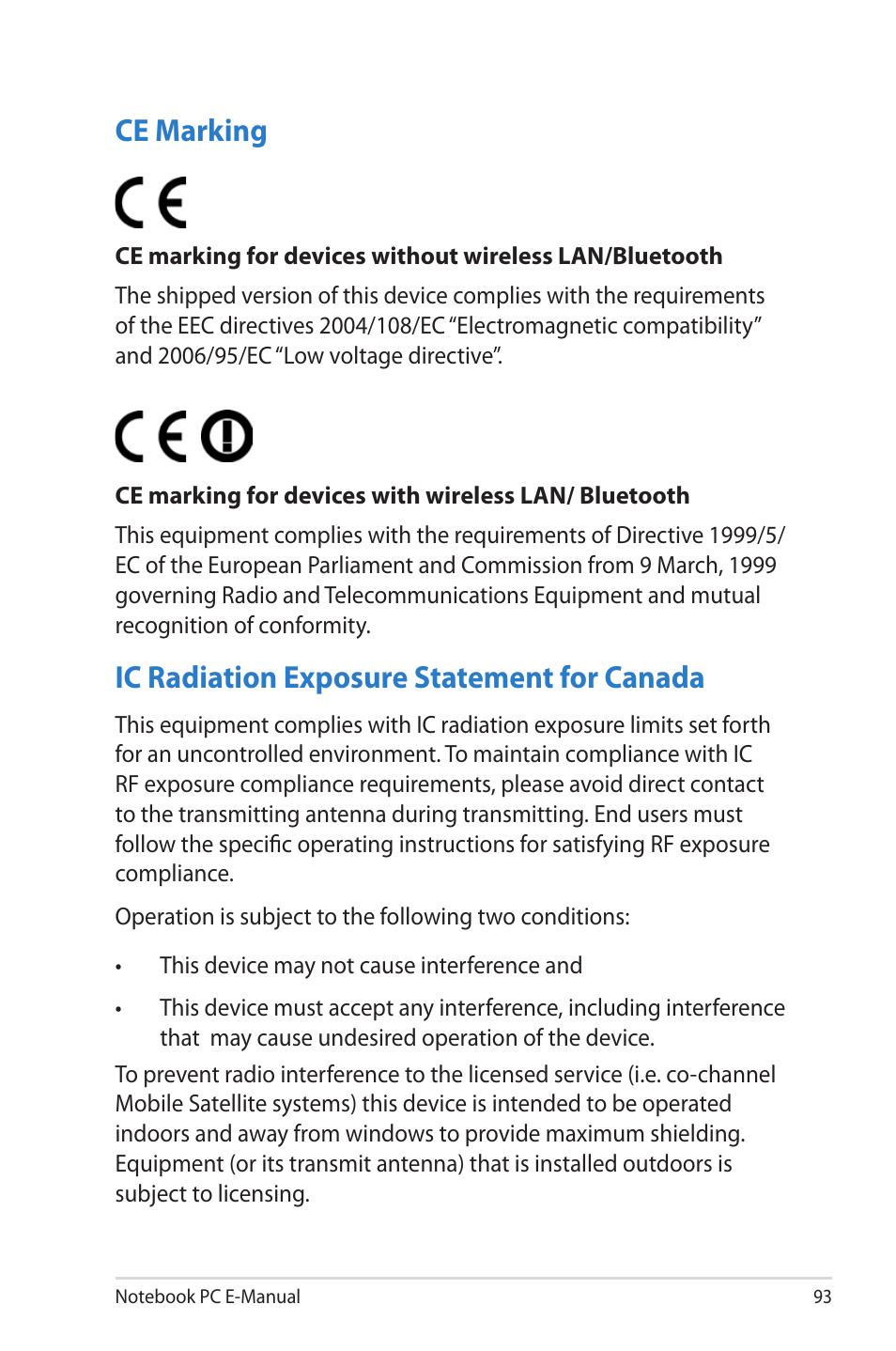 Ce marking, Ic radiation exposure statement for canada | Asus UX52VS User Manual | Page 93 / 104