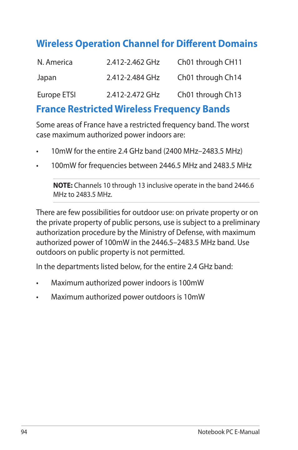 Wireless operation channel for different domains, France restricted wireless frequency bands | Asus UX52VS User Manual | Page 94 / 104